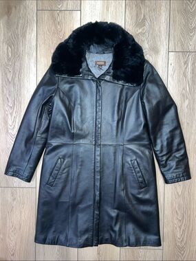 Danier Black Leather Coat with Plush Rabbit Fur Collar